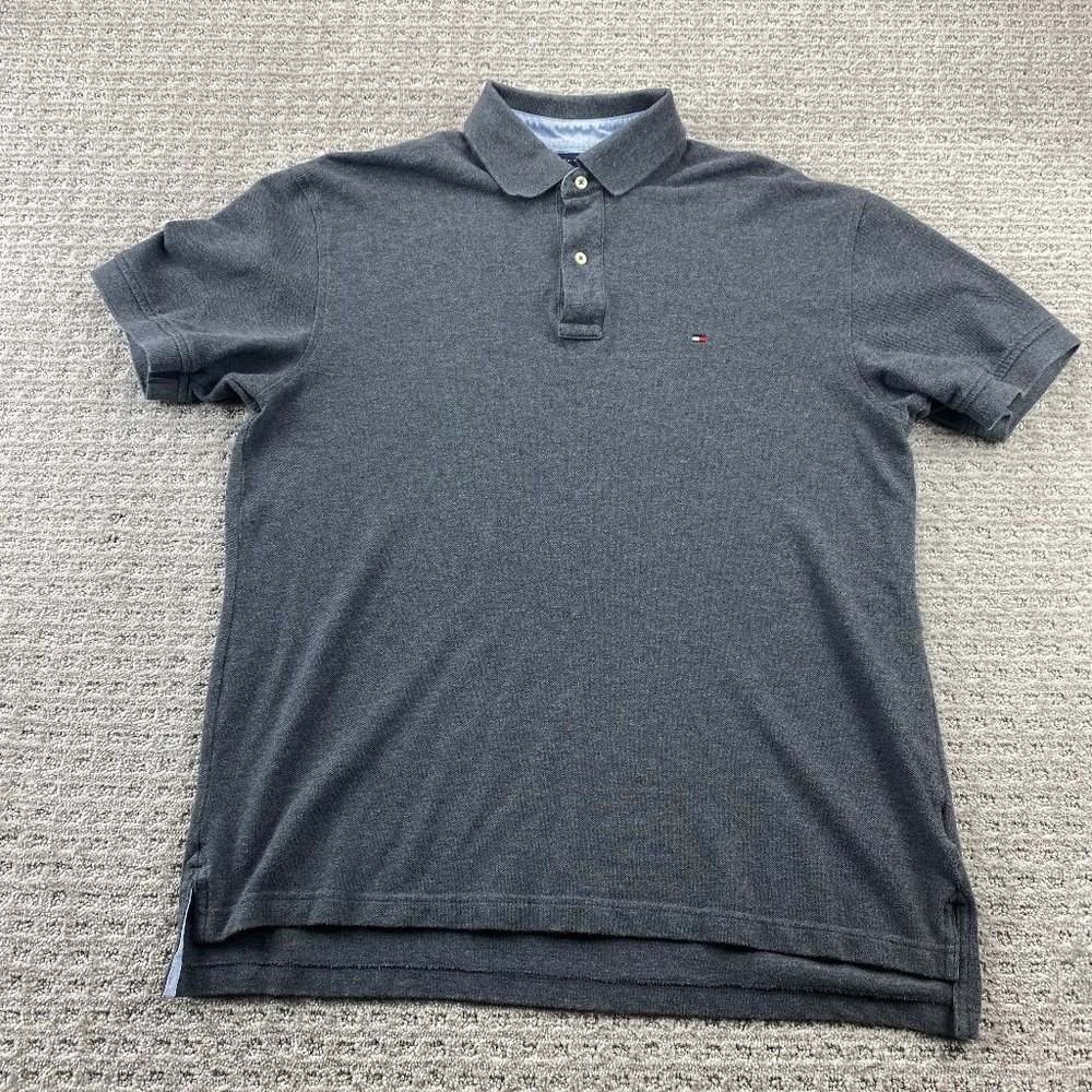 Tommy Hilfiger Polo Shirt Men Large L Gray Casual Golf Embroidered Logo Cotton